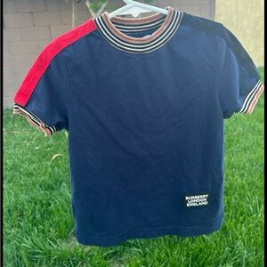 Burberry Blue and Red Short Sleeve Tee with Striped Trim